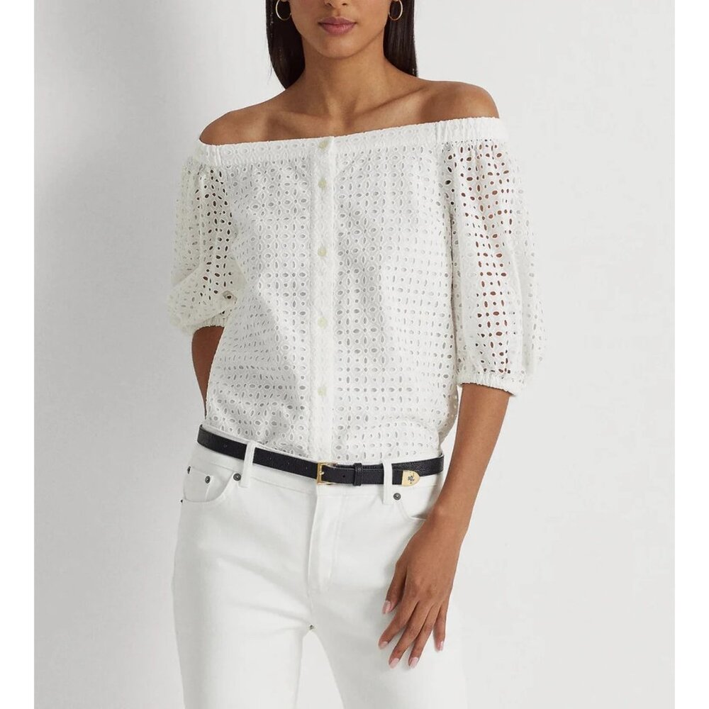 Ralph Lauren White Eyelet Off The Shoulder Puff Sleeve Top Blouse Shirt Size 1X